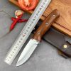 Full-tang Fixed Blade Knife with Leather Sheath, Clip Point Blade and Wood Handle, for Outdoor Survival, Camping