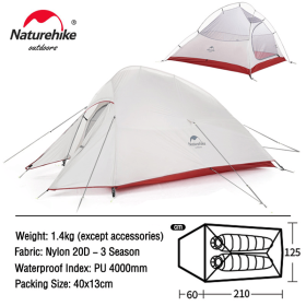 Naturehike Cloud Up 1 2 3 People Tent Ultralight 20D Camping Tent Waterproof Outdoor Hiking Travel Tent Backpacking Cycling Tent (Color: 2 Person Gray)